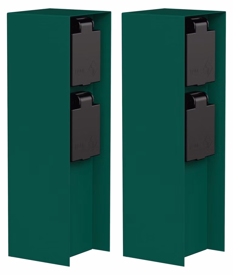 ledscom.de - 2 colonne di prese da esterno POMI per giardino, grado di protezione IP44, doppia presa, acciaio inossidabile, verde, forma rettangolare, 23 cm – dimensioni: 2 pezzi (confezione da 1), verde / 2 prese