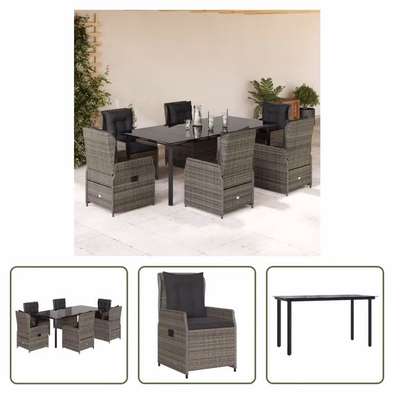 The Living Store Set da pranzo da giardino 7 pezzi con cuscini in poly rattan grigio