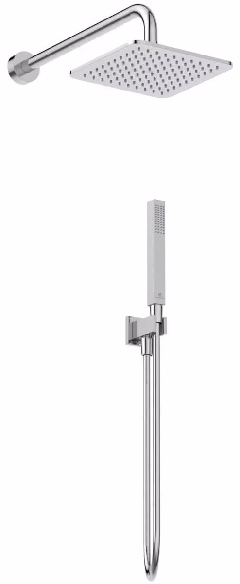 Set da doccia completo, composto da 5 elementi, finitura cromata, braccio doccia lungo 30 cm, soffione quadrato da 20 cm