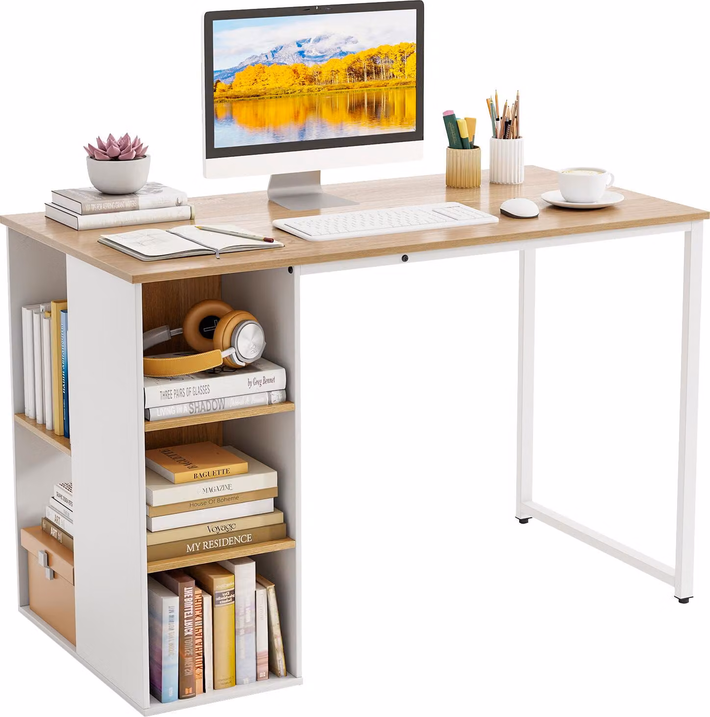 COSTWAY Scrivania con 5 scomparti, scrivania per computer 115 x 59 cm, scrivania per ufficio con spazio di archiviazione e struttura in metallo, scrivania moderna per PC, scrivania da lavoro, naturale + bianco