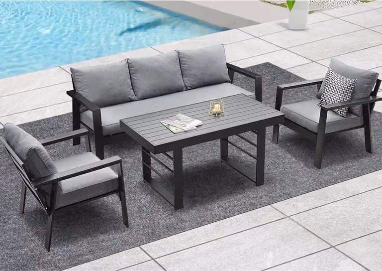 Set di mobili da giardino in alluminio 4-TLG. Divano poltrona singola tavolo da pranzo cuscini nero