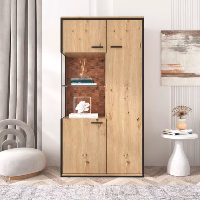 Vetrina con anta in vetro; 3 ripiani regolabili e illuminazione LED in 15 colori; MDF naturale 77;5 × 40 × 150 cm