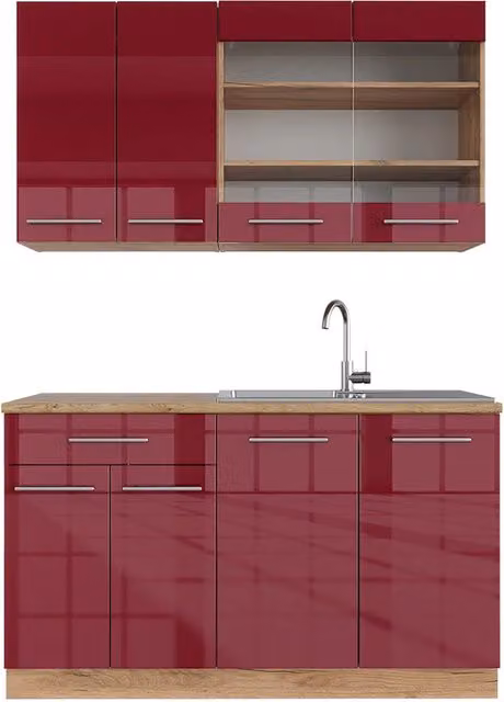 Cucina completa Fame-Line Bordeaux lucido/Rovere dorato 140 cm senza piano di lavoro Vicco