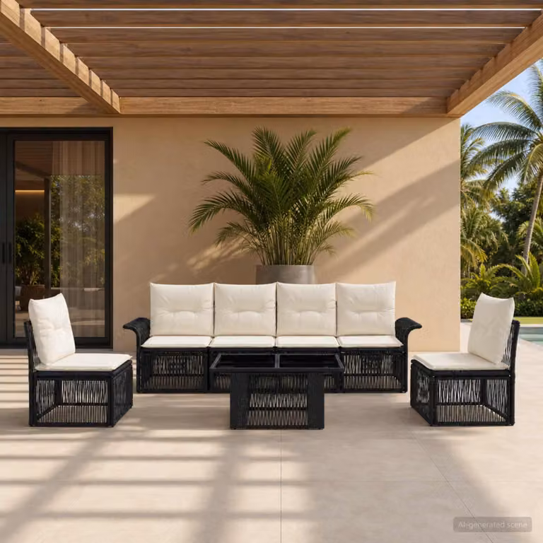 Set Divano da Giardino vidaXL 7 Pezzi in Polyrattan Nero e Bianco Crema con Cuscini e Tavolino da Esterno