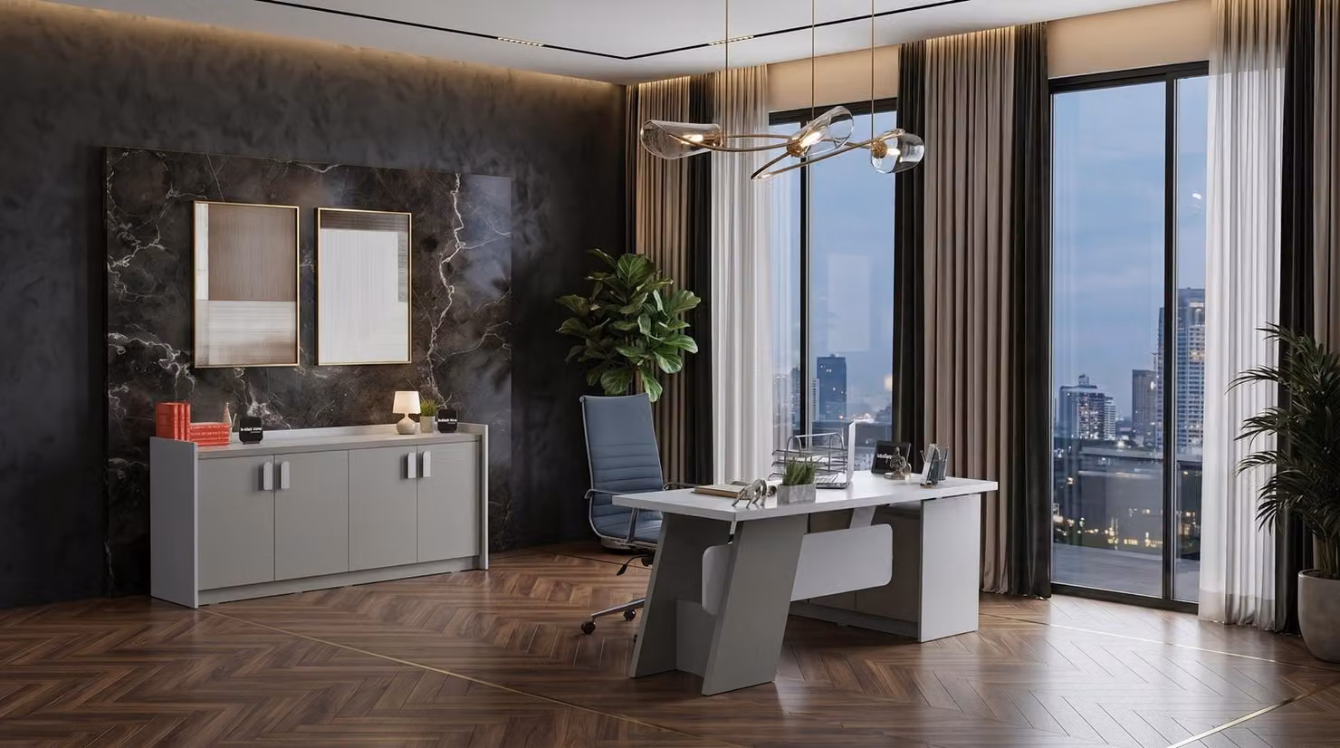 Set da ufficio grigio: scrivania, armadio, mobili di design, moderna postazione di lavoro