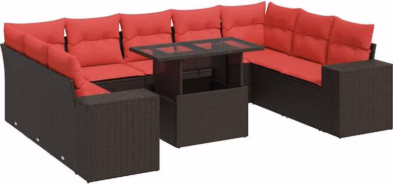 Set Divani Giardino 10 pz con Cuscini Polyrattan Marrone Acacia