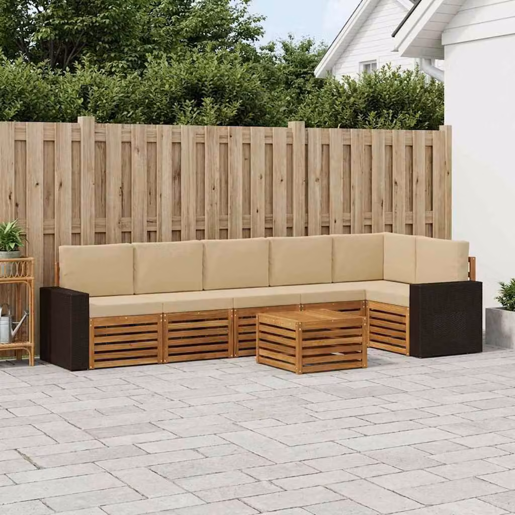 Set di divani da esterno vidaXL a forma di L composto da 7 pezzi in legno di acacia con cuscini, colore beige e marrone