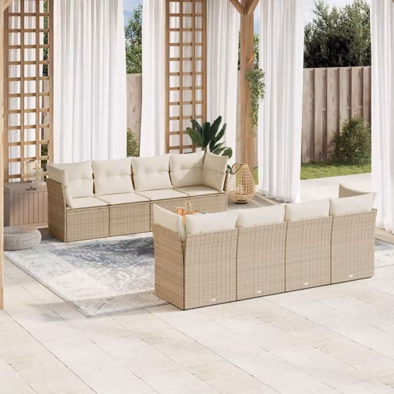 vidaXL Set Divano da Giardino 9 pz a L in Polyrattan con Cuscini Beige e Tavolino da Caffè