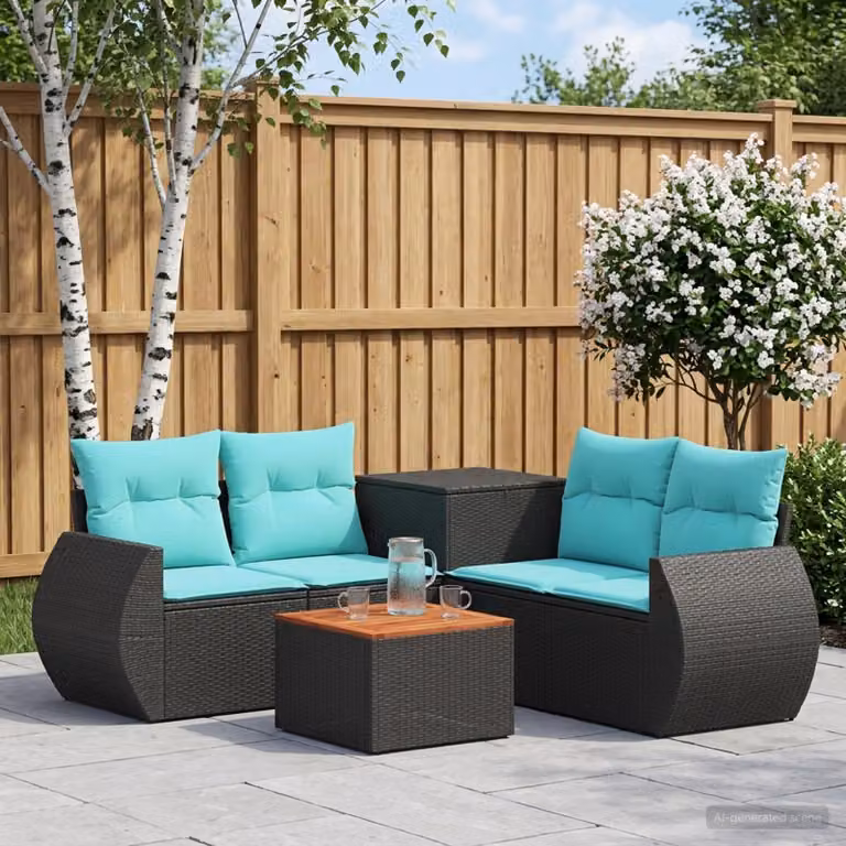 Set di divani da giardino vidaXL 6 pezzi in rattan e acciaio nero e blu con cuscini e tavolino da caffè