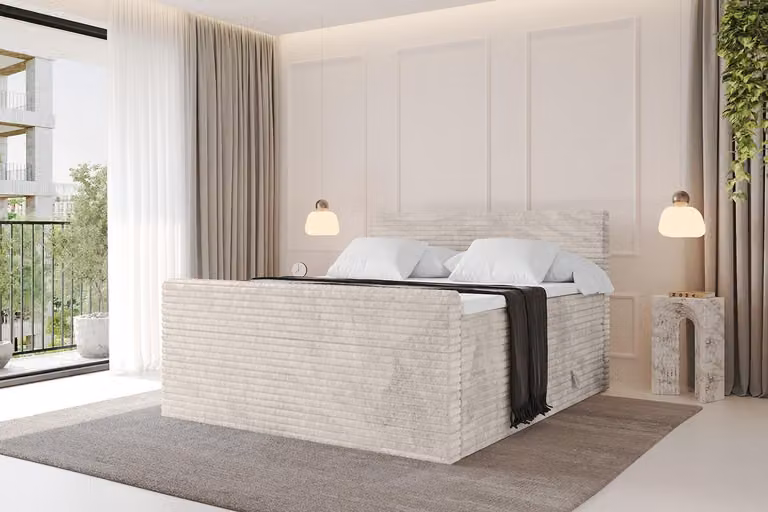 Letto boxspring ALTDECOR con pediera - TOLO-v1-Z KING 160x200 in velluto - Crema - Set completo con materassi H3 e H4 e topper, letto imbottito con cassetti, rete a doghe, letto con contenitore, letto matrimoniale, letto a cassettoni