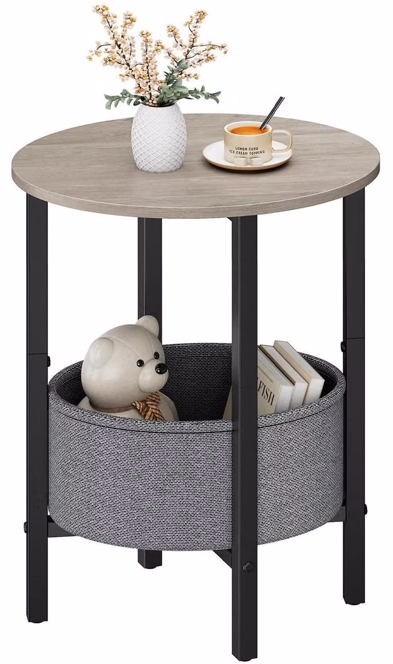 Tavolino laterale rotondo con cesto in tessuto, colore grigio, dimensioni 40,8 x 32,6 x 62,9 cm