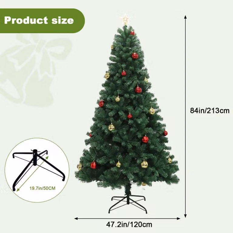 Albero di Natale artificiale - Altezza 2,1 metri - Verde intenso - Catena di luci LED bianco caldo - Decorazioni a forma di sfera natalizia - Ideale per soggiorno, corridoio e ufficio