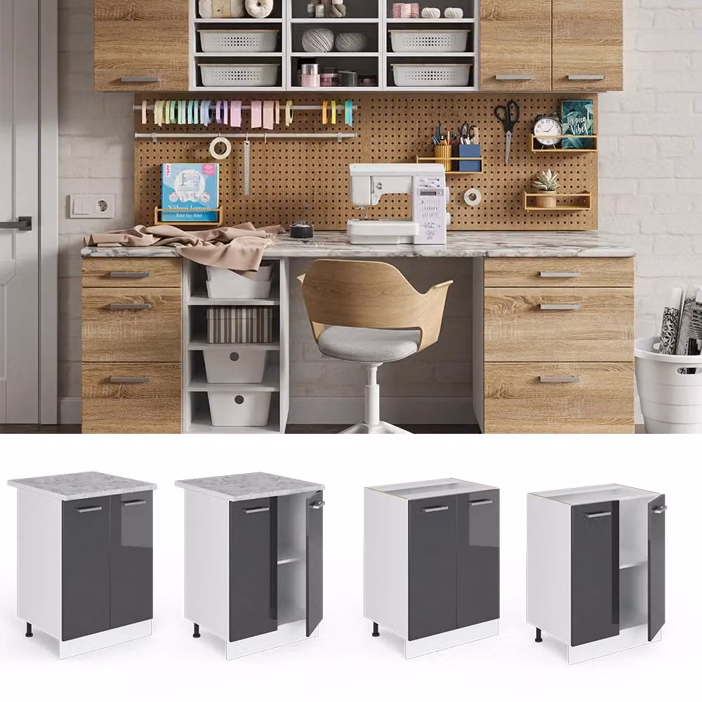 Base cucina Vicco R-Line antracite lucido con ante e piano di lavoro L: 60 cm, P: 60 cm, H: 81,6 cm – 2