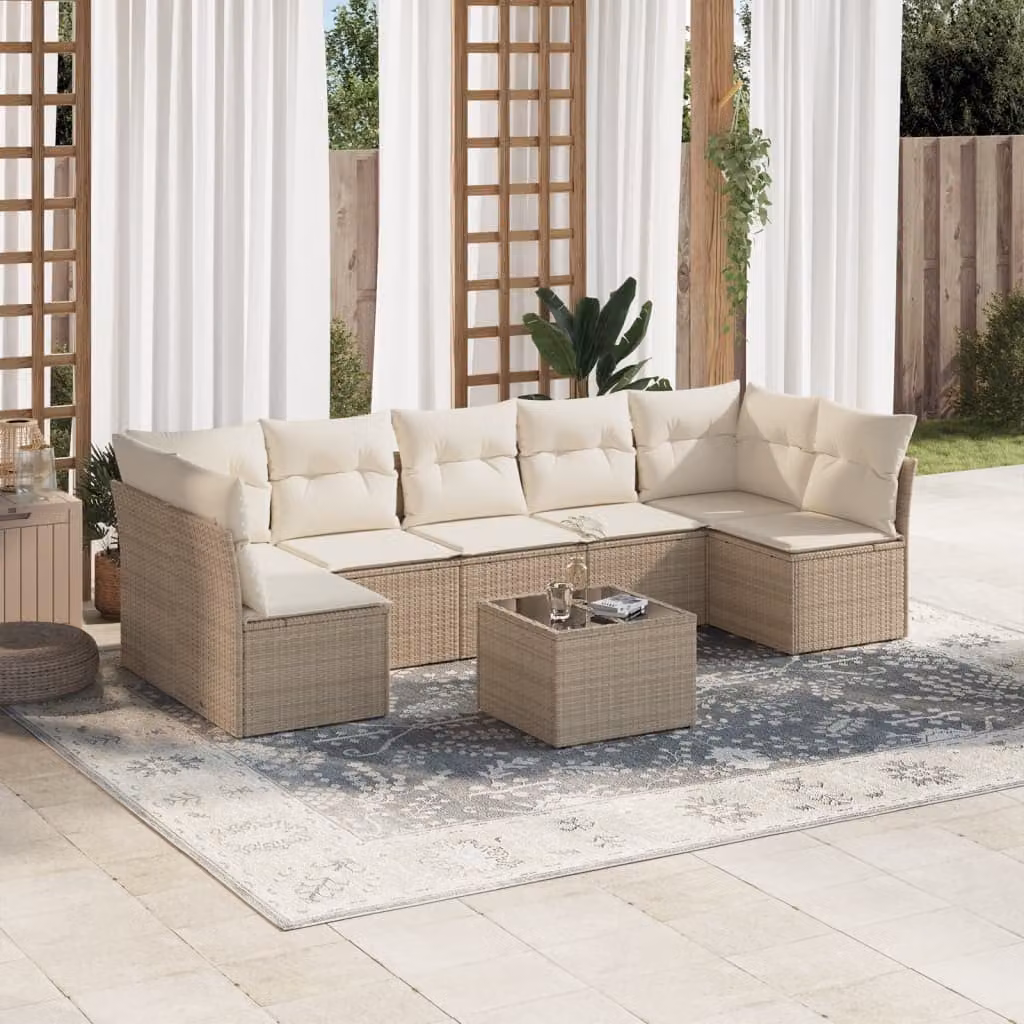 vidaXL Set Divano da Giardino 8 pz a Forma di L in Polyrattan Beige con Tavolino e Ottoman – 1