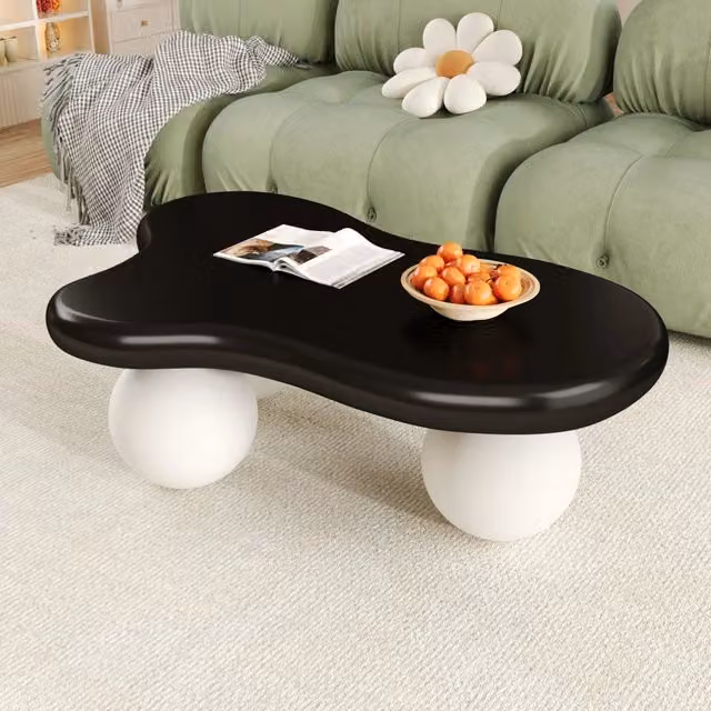 Tavolino basso OKWISH a forma di nuvola con LED a 16 colori, bordi arrotondati in MDF nero e bianco, L 95 cm x P 62,5 cm x H 32 cm