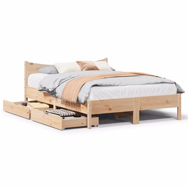 vidaXL Giroletto in legno massello di pino con cassetti e doghe fisse L: 140,5 cm, P: 195,5 cm, H: 74 cm