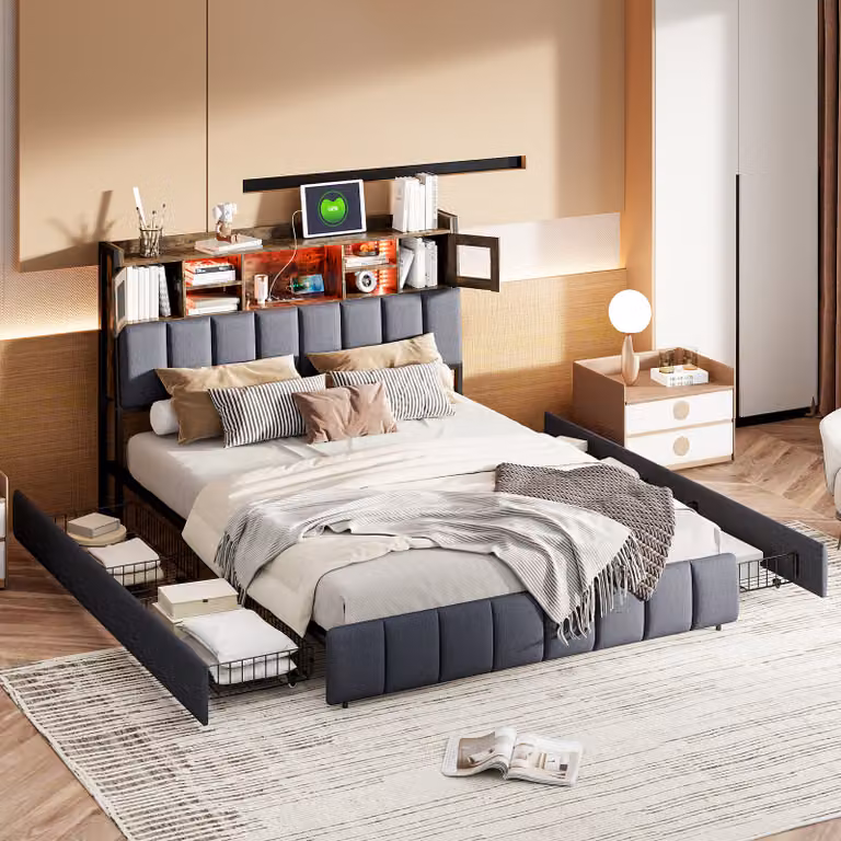 Letto imbottito 140x200 cm con illuminazione a LED, porta di ricarica USB, spazio di archiviazione, biancheria, nero, design moderno, ideale per camere da letto, funzionale ed elegante