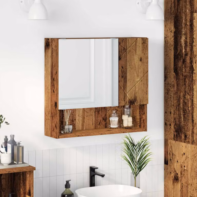 Mobiletto per specchio vidaXL in legno vecchio marrone, sospeso a parete, L: 59 cm, P: 17 cm, H: 55 cm