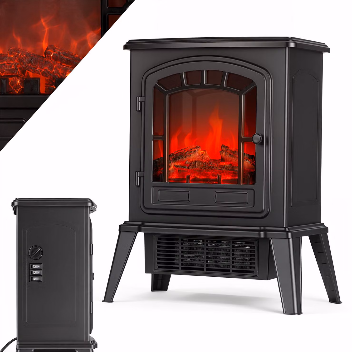 Camino elettrico da pavimento, 1800 W, fiamma LED separata, colore nero