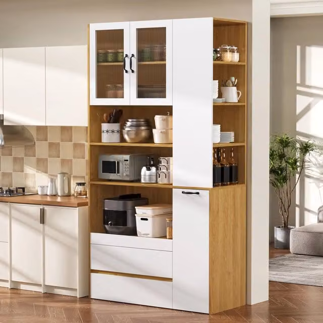 Credenza alta Mivray con ante in vetro scanalato e 2 cassetti, colore bianco naturale, L/P/H: 100 x 40 x 200 cm
