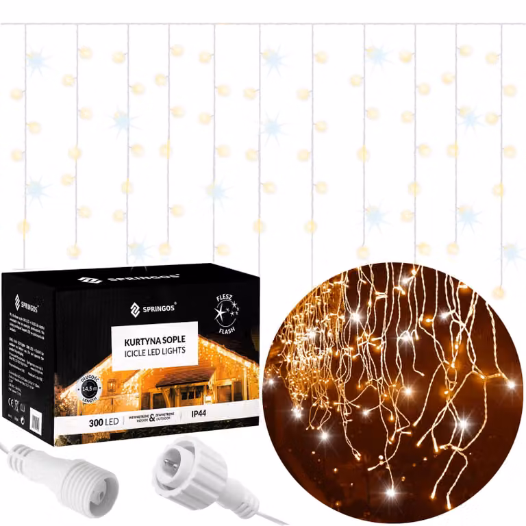 Stalattiti LED - 14,5m, 300LED, timer, IP44, bianco caldo + flash