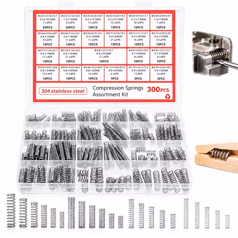 Set di 300 molle a compression in acciaio inossidabile, con diametro del filo da 0,4 a 1 mm e lunghezza da 3 a 8 mm