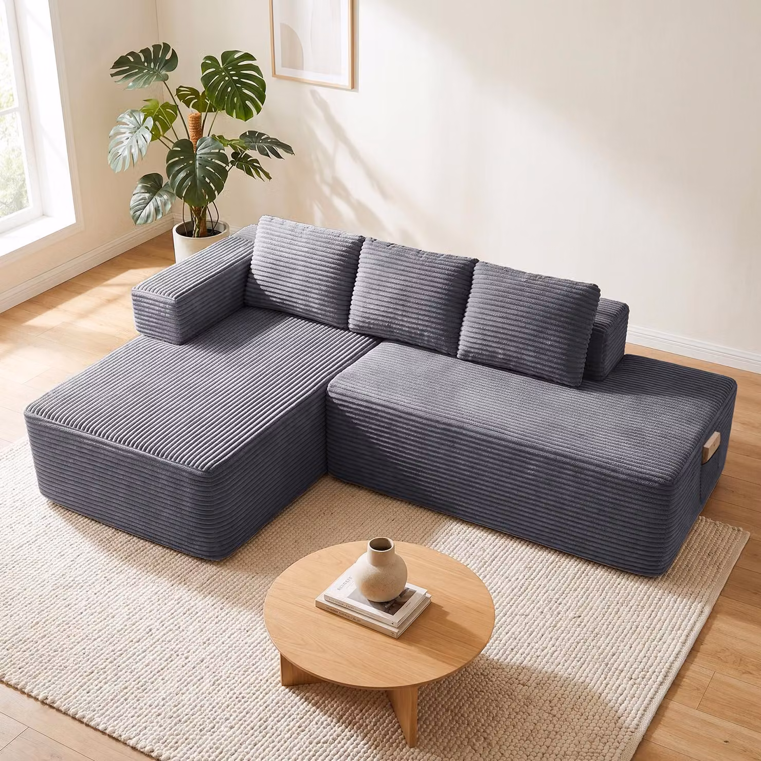 Divano componibile modello Ecksofa, con funzione letto, 228 cm, rivestito in velluto. Divano modulare "Boneless" con chaise longue e struttura in metallo per lo schienale. Divano a forma di L con funzione letto e struttura aperta