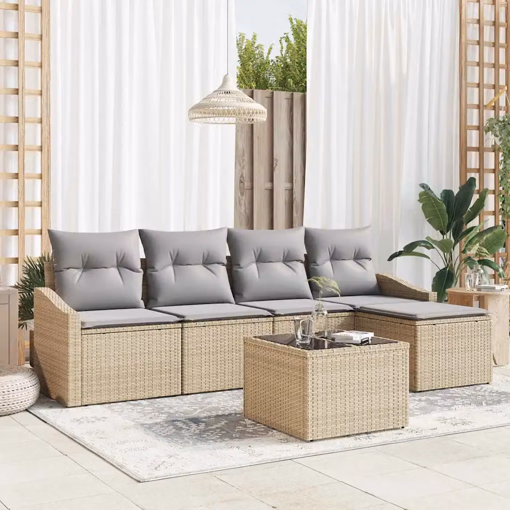 Set di divani da giardino vidaXL a forma di L composto da 6 pezzi con cuscini beige e struttura in metallo e rattan