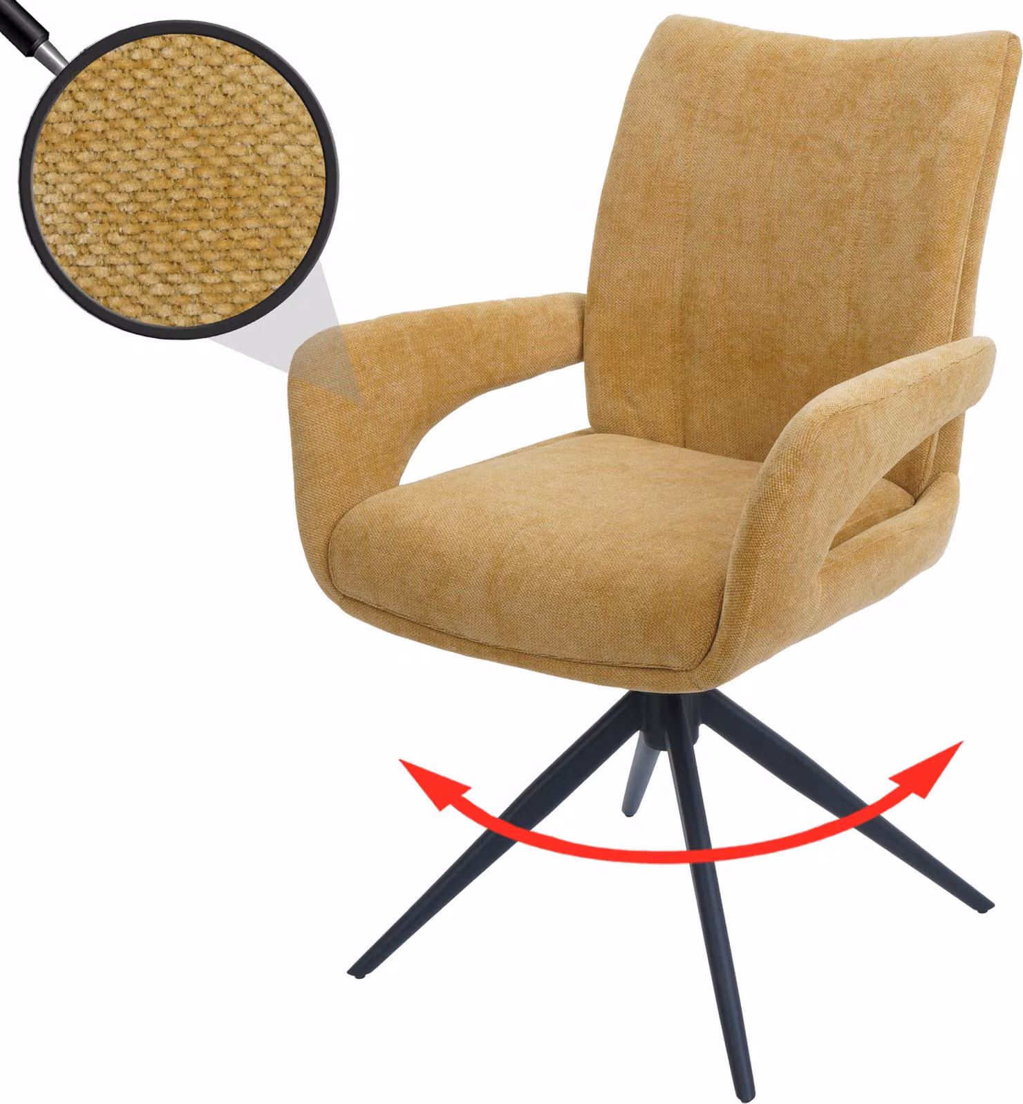 Sedia da pranzo HWC-O78, sedia da cucina, girevole con ritorno automatico, rivestita in tessuto chenille (310g/m²), colore giallo senape