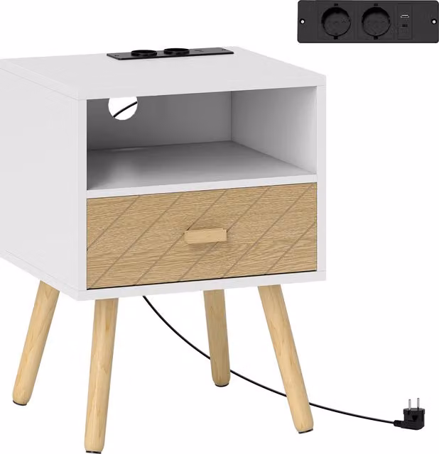 Comodino HOMCOM Bianco con Stazione di Ricarica, 2 Prese AC, Porte USB e USB-C, Scomparto Aperto e Gambe in Legno – 1