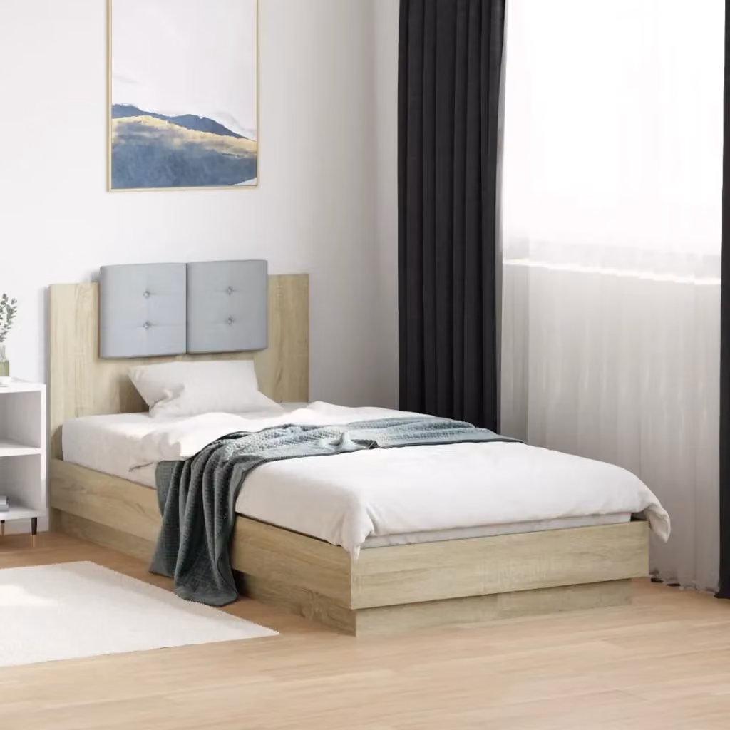 Letto singolo moderno con testiera imbottita in tessuto e struttura in legno, L/P: 90 x 190 cm – 2