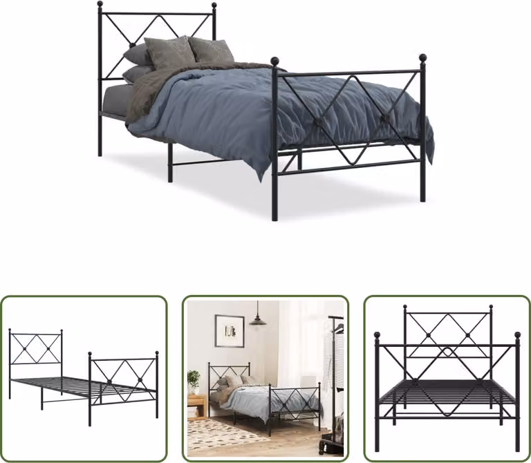 The Living Store Struttura letto con testiera e pediera in metallo nero 80x200 cm