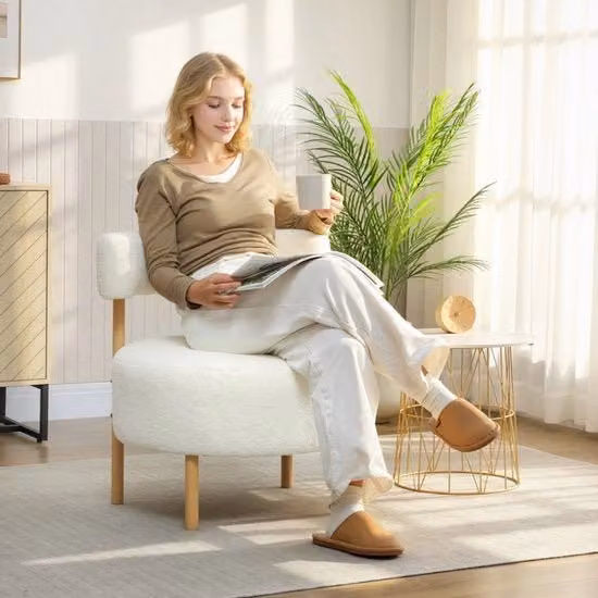 Sedia da Relax - Felpa - Sherpa - Colore Crema - Pedane Metalliche