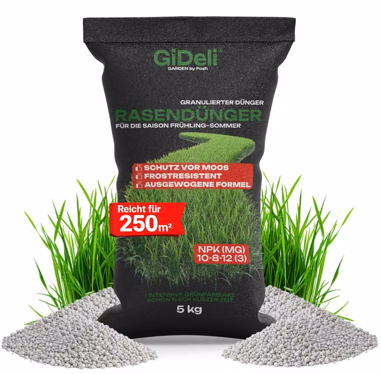 Concime per prato, 5 kg, fertilizzante NPK a lenta cessione, per l'uso in primavera ed estate, ricco di azoto, ideale per il giardino, marca GiDeli