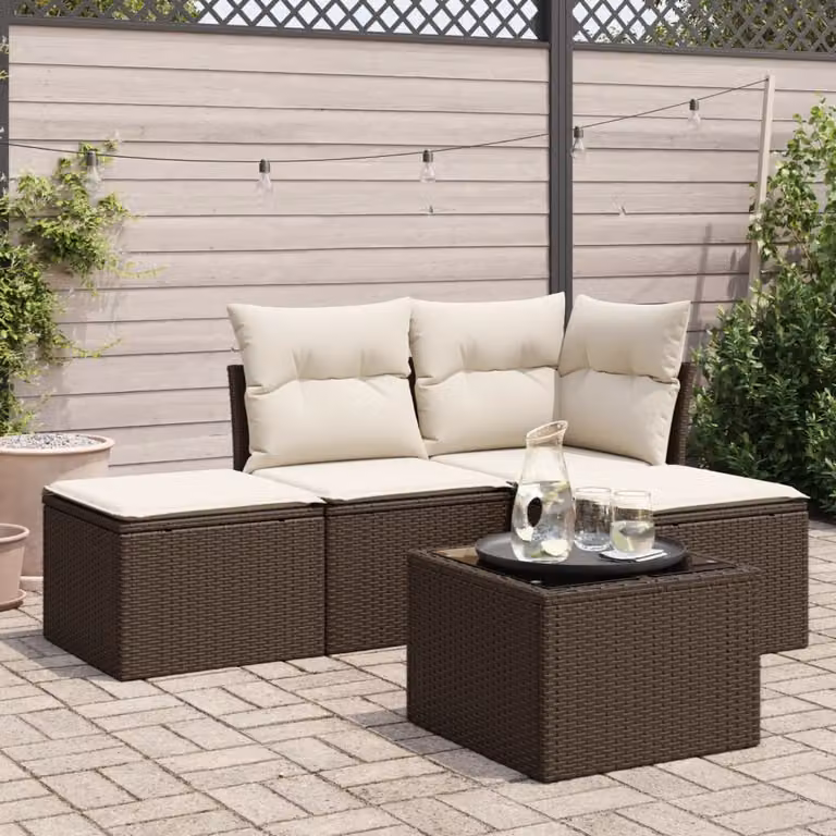 vidaXL Set Divano da Giardino 5 pz a L con Cuscini Marrone e Bianco in Polyrattan e Struttura in Metallo