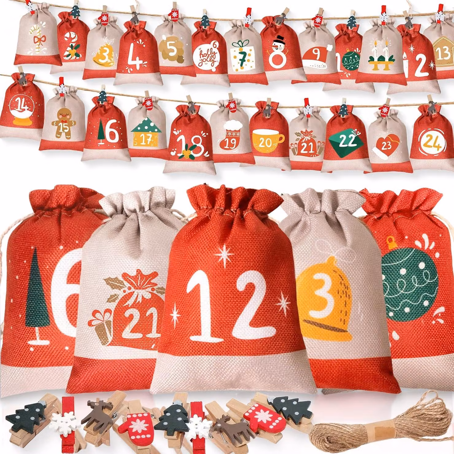 Calendario dell'Avvento da riempire - Grande - Calendario dell'Avvento da riempire personalmente, completo di 24 sacchetti di juta di dimensioni 18 x 13 cm