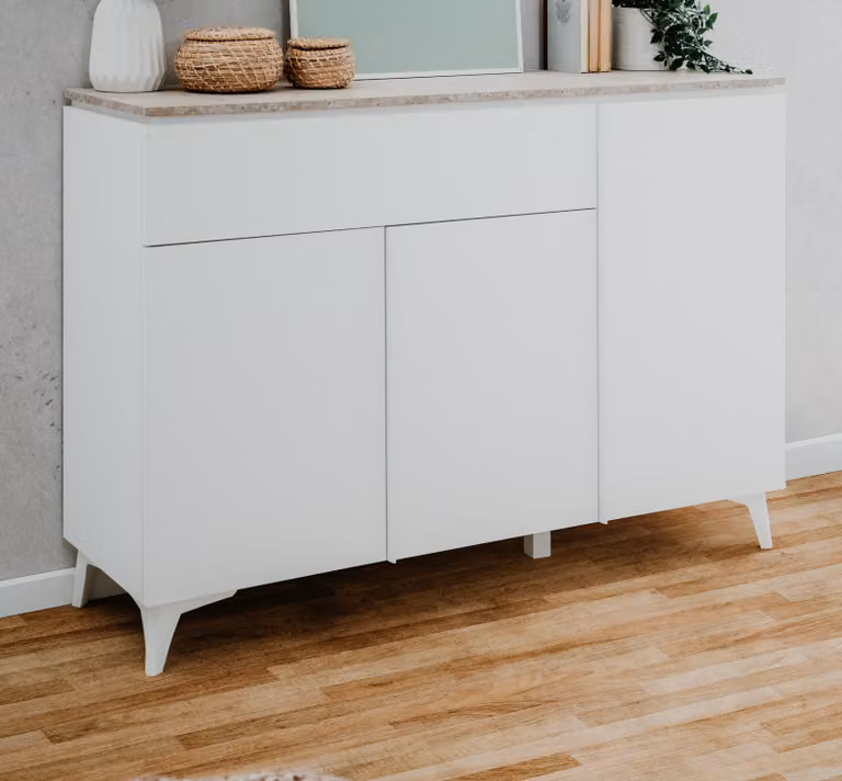 Credenza "Visby" in bianco e pietra arenaria, 133 x 92 cm cassettiera con effetto pietra