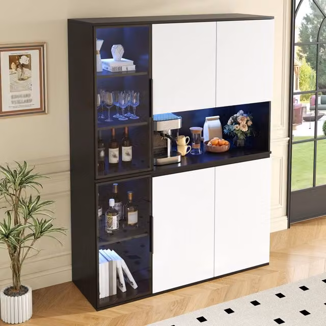 Vetrina alta 120x40x160 cm con elementi in vetro e luci LED; MDF; bianco e nero