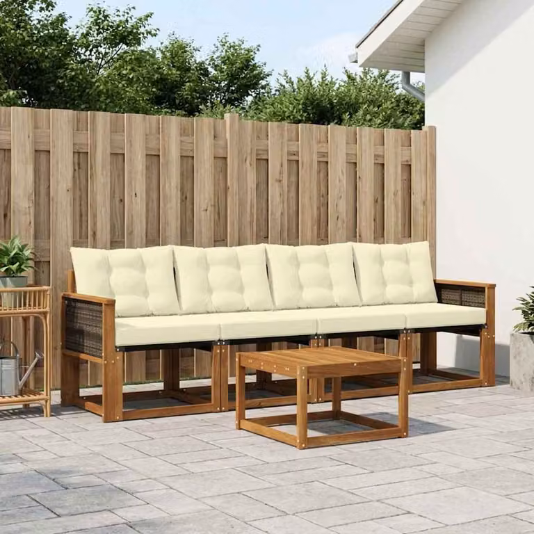 Set di divani da esterno vidaXL 5 pezzi in legno di acacia con tavolino e cuscini, colori beige, bianco e marrone