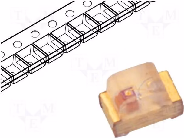 5 LED gialli 0603, 2÷2,5V, tecnologia SMD, 40÷80 mcd, dimensioni 1,6x0,8x1,1 mm, angolo di visione 120°, corrente di funzionamento 20mA, codice prodotto KP-1608SYC. Diodo LED