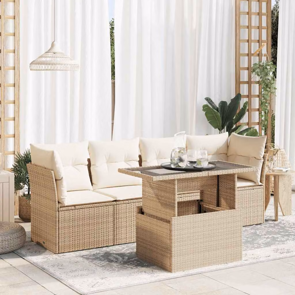 Set Divano da Giardino vidaXL a Forma di L con 5 Pezzi, Cuscini Beige e Tavolino, Design Moderno in Polyrattan e Metallo
