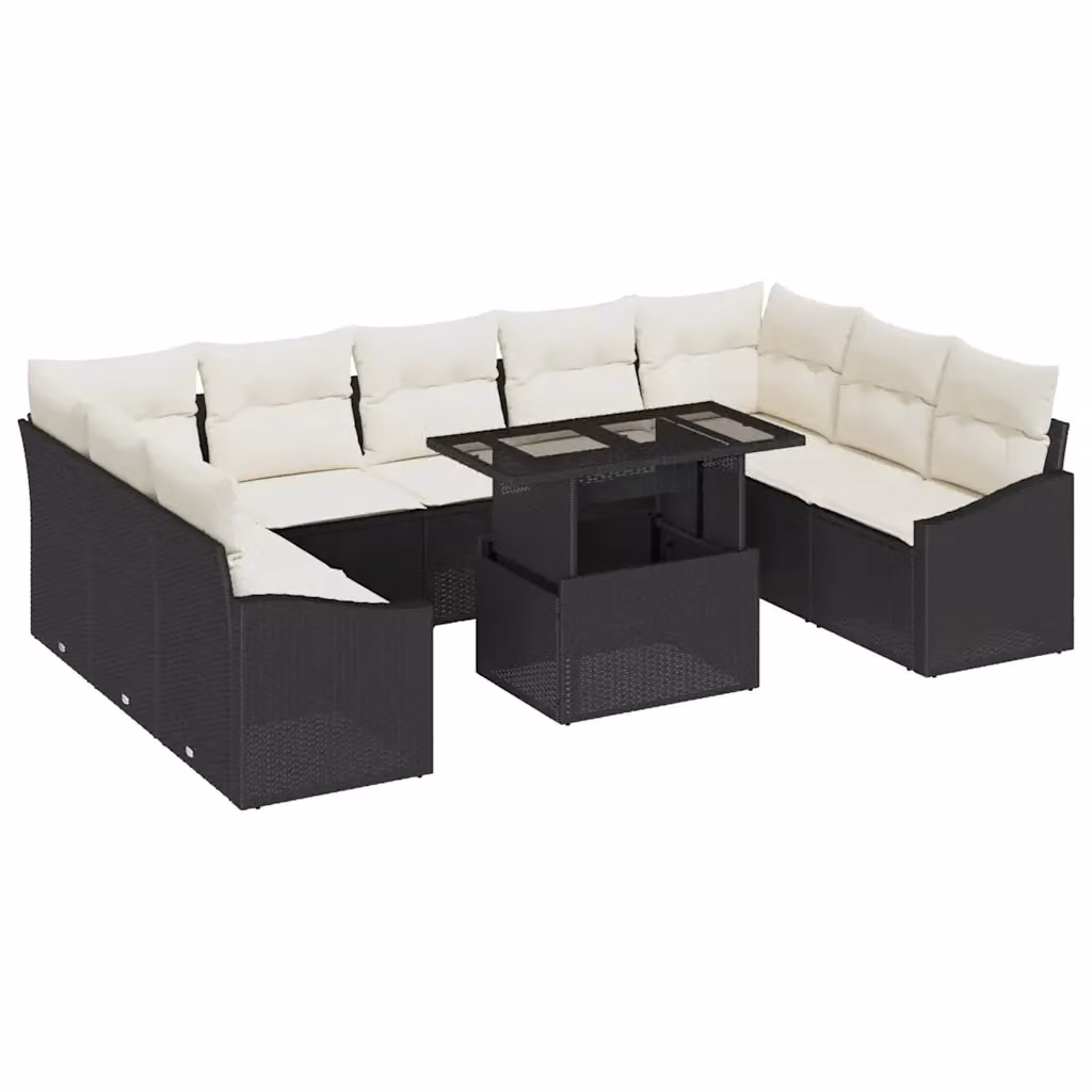 Set di divani da giardino vidaXL a forma di L con cuscini, nero e beige, in rattan e metallo con tavolino da esterno – 2