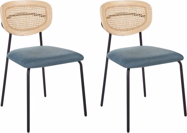 Set di 2 sedie da pranzo Rivestimento in poliestere blu Schienale in rattan naturale a treccia viennese Gambe in metallo nero Sgabelli senza braccioli