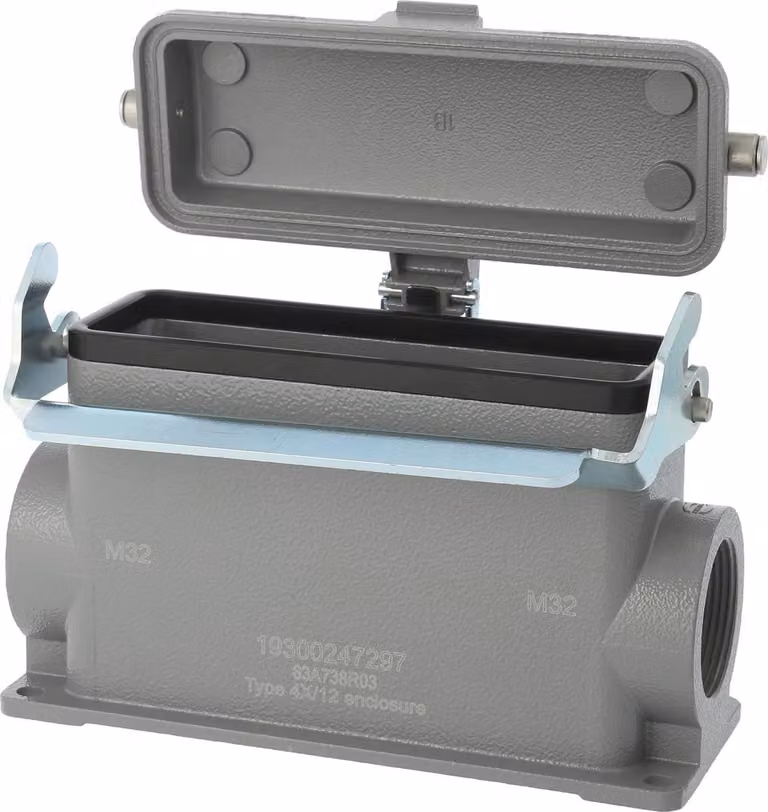 HARTING Han 24B Base alta, 2xM25 uscita cavo laterale, con 1 staffa longitudinale con cappuccio protettivo in metallo - 1 pezzo