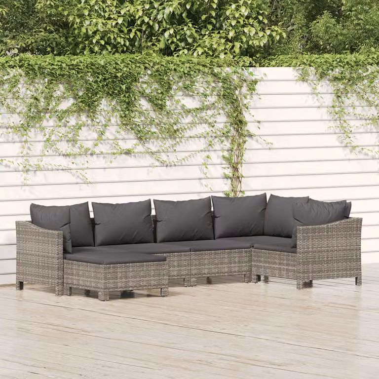 Set di divani da giardino vidaXL a forma di L con cuscini e pouf, struttura in metallo e rattan grigio
