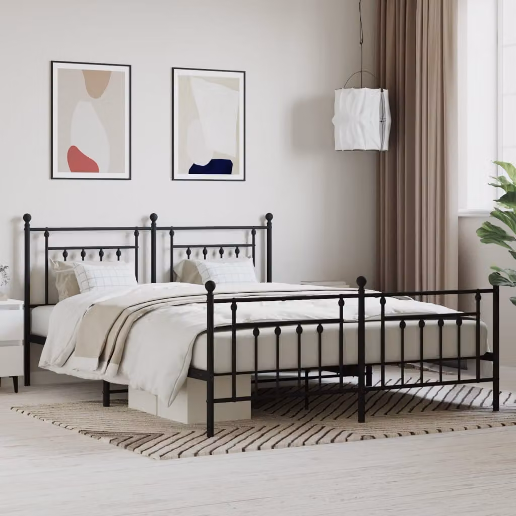 vidaXL Giroletto in metallo nero con pediera e doghe piatte, L/P: 180 x 200 cm