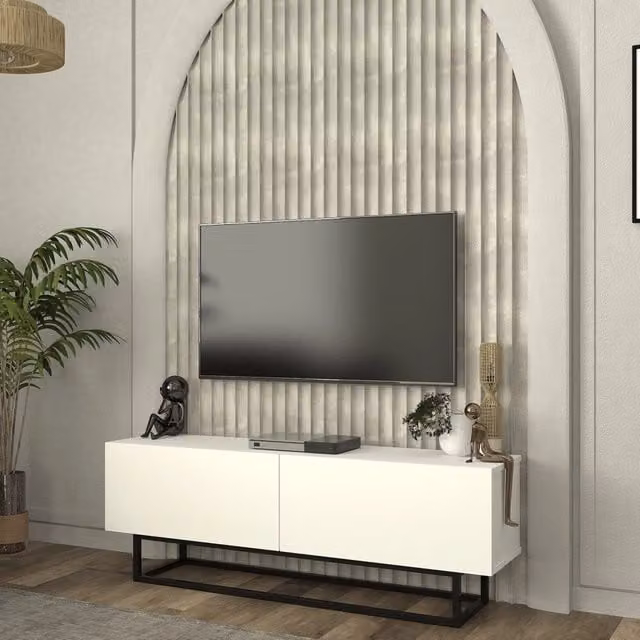 Mobile Porta TV Nolven en.casa con 2 Ante Ribalta e Telaio in Metallo, Bianco, L: 135 cm, P: 31,5 cm, H: 46,5 cm