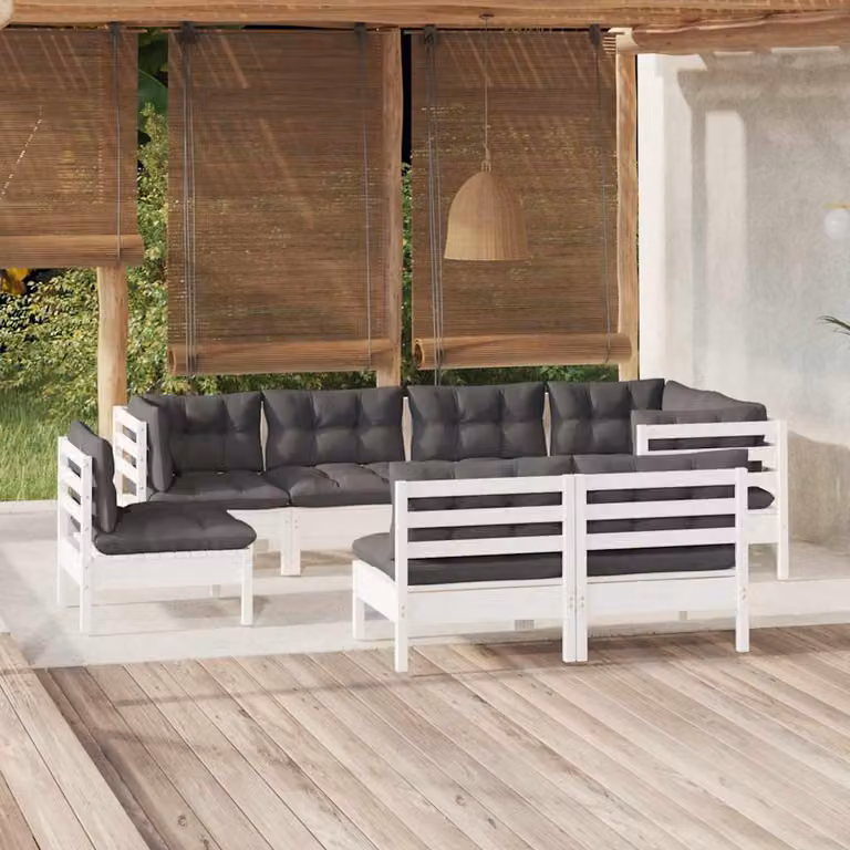 Set di divani da giardino vidaXL in legno di pino con cuscini bianchi, design moderno a forma di L per 8 persone