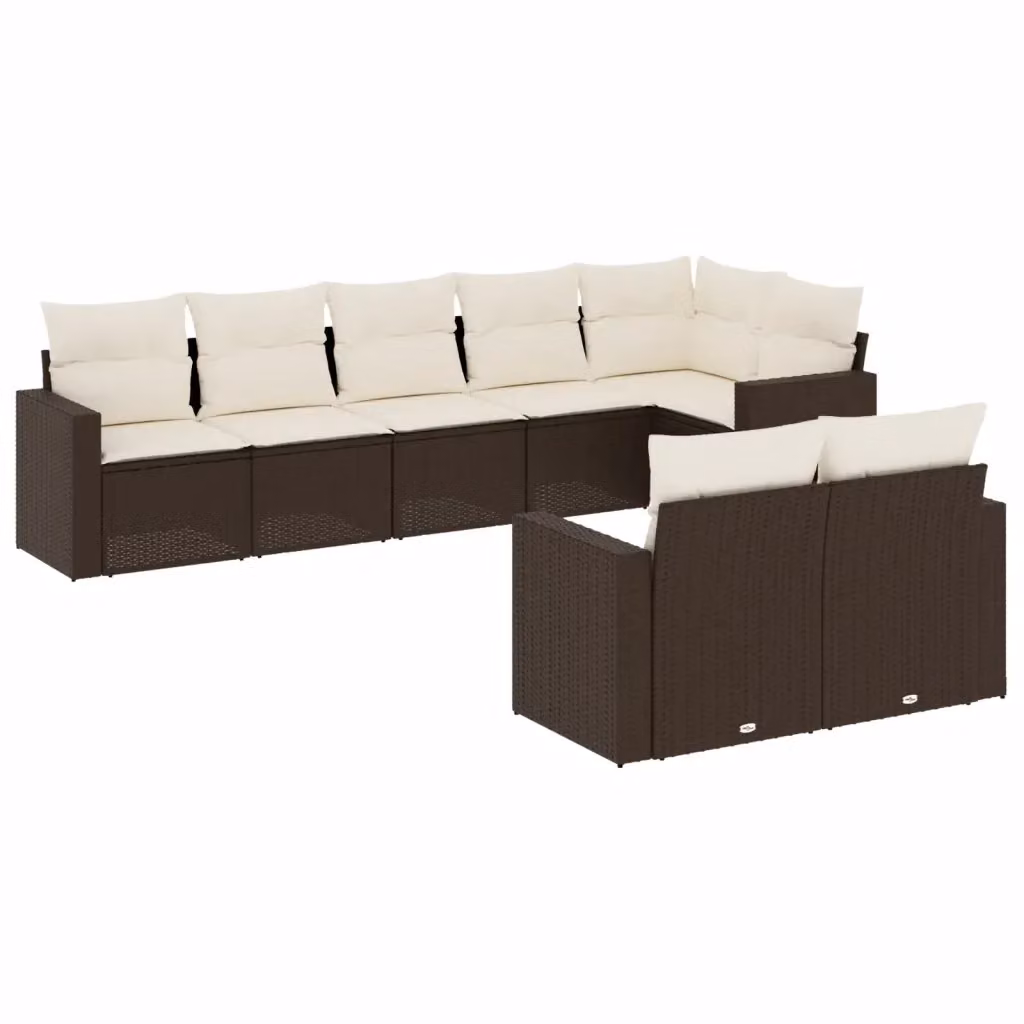 vidaXL Set Divani da Giardino 8 pz a Forma a L in Polyrattan Marrone con Cuscini Bianchi e Rivestimenti Rimovibili – 2