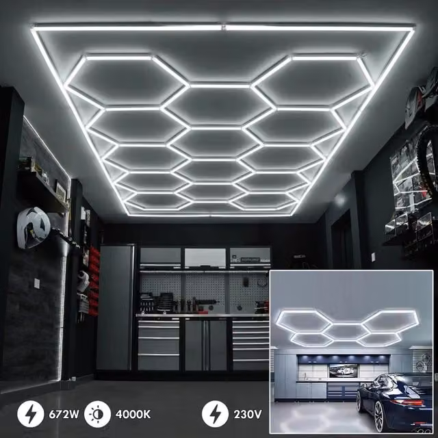 Plafoniera LED 672W luci esagonali lampada moderna componibile nido ape luce garage palestra 73000lm 230V 480cm x 240cm 4000K